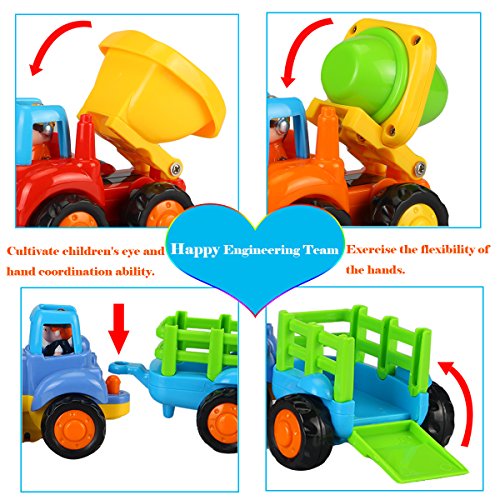 Dreampark Friction Powered Cars Push and Go Cars Inertia Toy Early Educational Toddler Baby Toy Tractor Bulldozer Dumper Cement Mixer Engineering Vehicles Toys Gift for Kids (4 PCS)