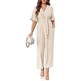 Cicy Bell Women's Elegant V Neck Jumpsuits Dressy Casual Short Sleeve Wide Leg Long Pants Rompers
