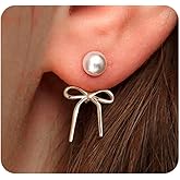 Exquisite Pearl Bow Stud Earrings Minimalist Ribbon Bowknot Earrings Cute Pearl Butterfly Knot Front Back Earring Simple Daily Jewelry Accessories