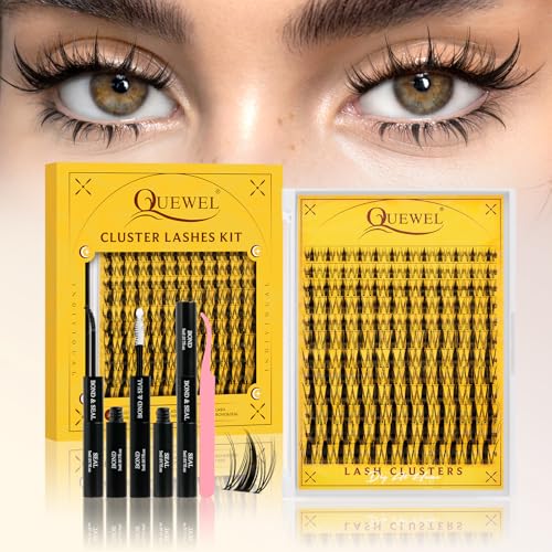 QUEWEL Fairy Pestañas Postizas Kit Invisible Band Pestañas 144PCS Pestañas con Pegamento y Sellador para Lashes, Look Natural con Banda Delgada. Fácil de Usar para Principiantes (YTQP-D)