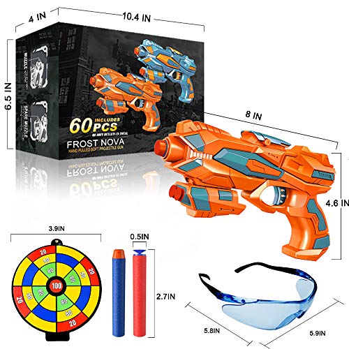 2 Pcs Pistola de Juguete Niños, Pistola Bláster con 60 Flechas/Balas + 2 Gafas Protectoras, Pistola de Dardos Espuma Infantil, Juegos Tiro Pistola de Ninos, Regalo de Cumpleaños Niños Niñas 3-10 Años