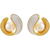 Pearl Stud Earrings for Women Stainless Steel Unique Statement Small Pearl Enamel Button Statement Vintage Earring Jewelry