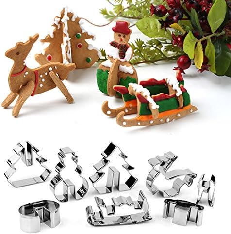 3D Holiday Cookie cutter Set, Stainless Steel, 8 Piece - Christmas Tree, Snowman, Sleigh, Elk - for Thanksgiving Day, Christmas, Party