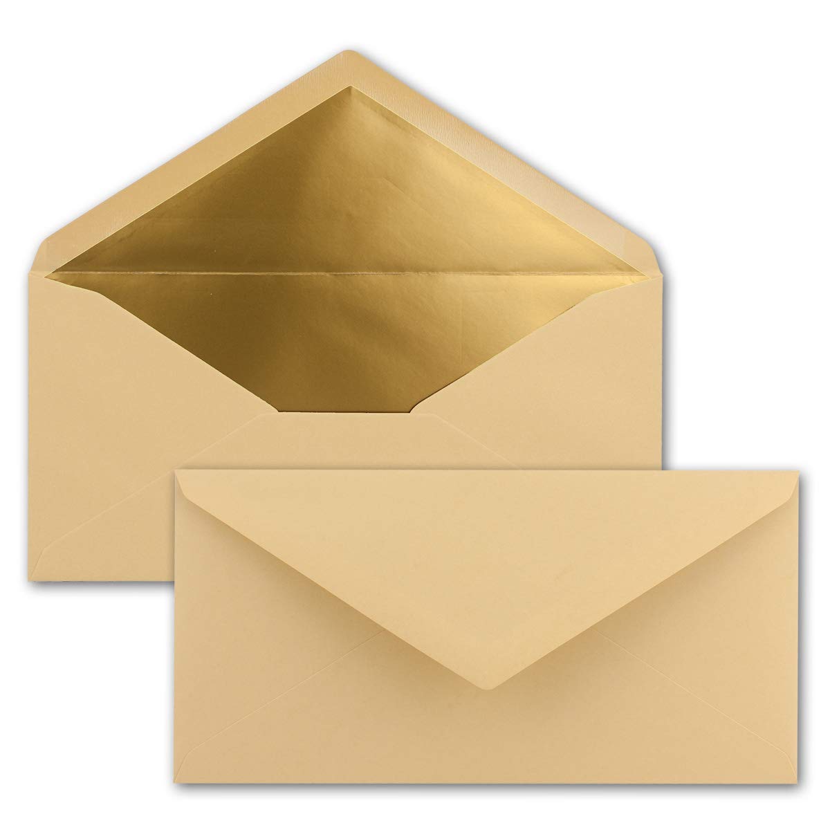 NEUSER PAPIER 15 envelopes DIN long - caramel with gold metallic inner lining - 110 x 220 mm - wet glue - festive envelopes for invitations