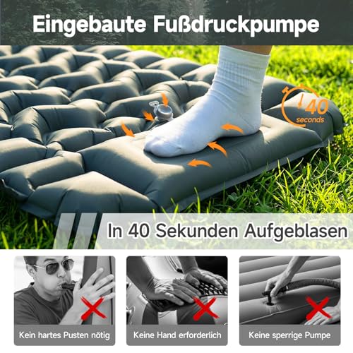 HAUSPROFI Sleeping Mat Camping Air Mattress Extra Wide Ultralight Inflatable - with Integrated Cushion & Foot Pump, 196 x 70 x 9 cm, 40D TPU, Small Pack Size for Outdoor & Travel