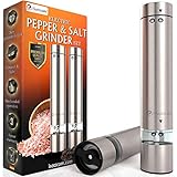 Electric Salt and Pepper Grinder Set with Stand | Premium Set of 2 Best Electronic Stainless Steel Spice Mills for Coarse Seasoning | Battery Powered One-Handed Pepper & Salt Grinders with Light