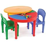 Tot Tutors Kids 2-in-1 Plastic Building Blocks-Compatible Activity Table and 2 Chairs Set, Round,  Primary Colors