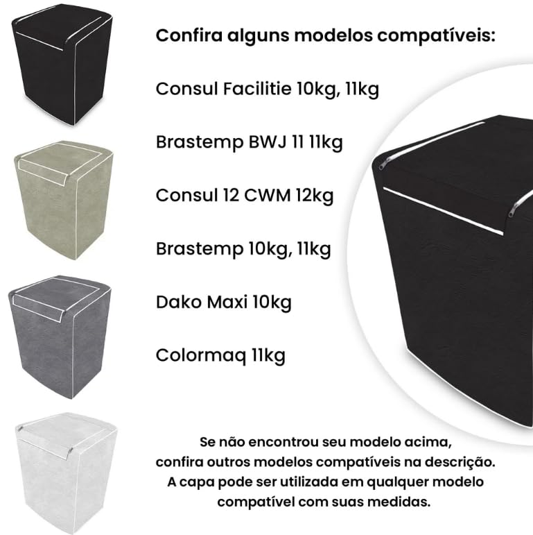 Capa Para Maquina De Lavar Brastemp Eletrolux Consul 12Kg 13Kg 14Kg 15Kg 16Kg 17Kg Impermeável Forrada Com Zíper Proteção UV Material Super Resistente E Perolizado de Alta Qualidade (PRETO, G)