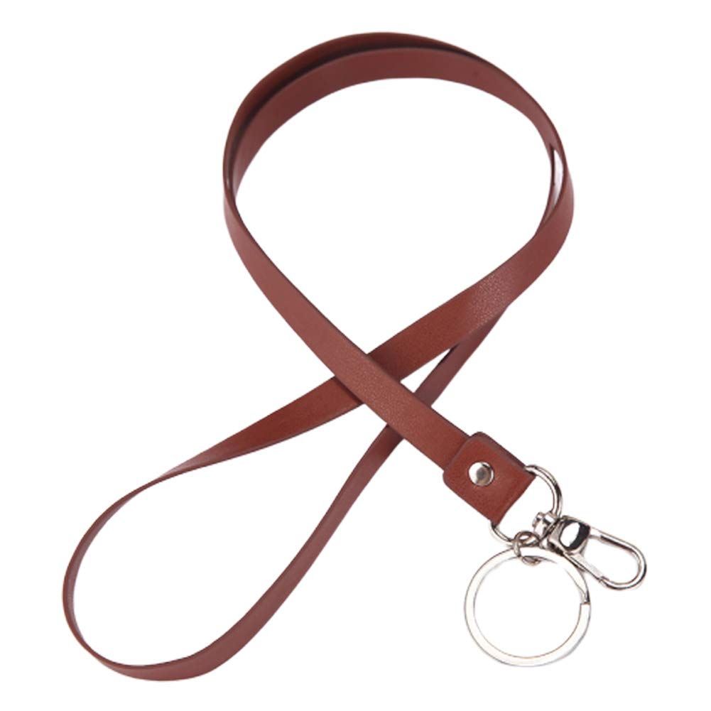 Leather Neck Lanyard with Metal Carabiner for ID Badge Holder Key Chain Brown