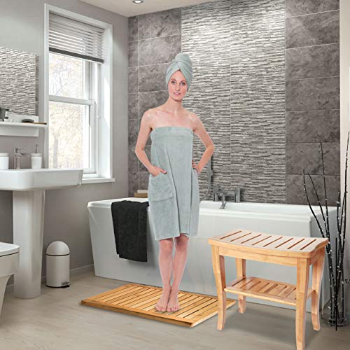 Shower Bench Seat Wooden with Bathroom Floor Mat, for Spa Bath Deluxe Organizer Stool with Storage Shelf for Seating Chair, Perfect for Indoor and Outdoor Decor, Made of 100 (Natural Bamboo)