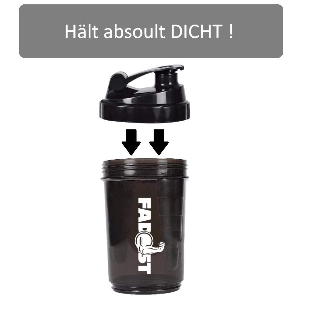 Protein Shaker mit Pulverfach und Pillenbox - Fadost Tower - 3 in 1 - BPA-frei, garantiert auslaufsicher, 600ml (skaliert bis 500ml), Fitness Gym Eiweißshaker