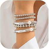 Gold Beaded Bracelet for Women Stackable Pearl Beads Bracelet Chunky Gold Bangle Stretch Tube Bead Bracelet Dainty Ball Bracelet for Women