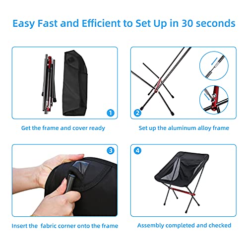 Hatsutec Portable Folding Camping Chair 2lbs Compact Ultralight Foldable Backpacking Chairs, Aluminum Alloy Frame Outdoor Chair Holds Up to 300lbs for Camping, Backpacking, Hiking,Travel(Black)