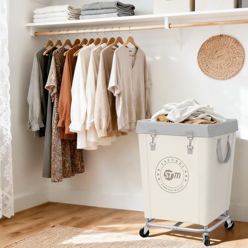 STORAGE MANIAC Commercial Laundry Hamper with Heavy Duty Steel Frame, 160 L Industrial Clothes Basket Cart with Wheels for Hotel, Home, Laundry Room, 18''L x 18''W x 31''H, Medium Beige