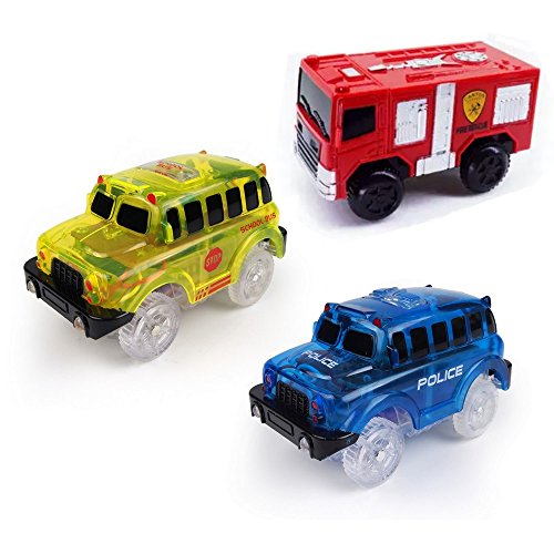 SWISS PART Magic Tracks Cars Replacement Only | Universal Glow in The Dark Race Car Set | Police Off Road School Bus and Fire Truck Per Pack