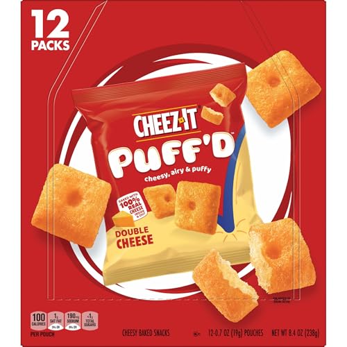 CHEEZ-IT PUFF’D CHEESY BAKED SNACKS, PUFFED CRACKERS, KIDS SNACKS, GRAB N’ GO, DOUBLE CHEESE, 8.4OZ BOX (12 POUCHES)