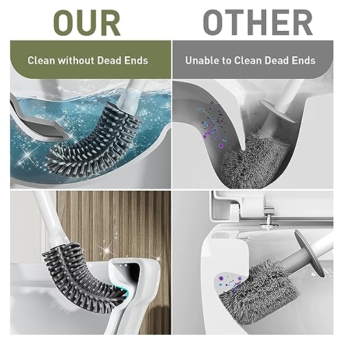 ASOBEAGE Silicone Toilet Brush: Flexible Head, Long Handle, Wall-mounted, Quick-drying Holder for Bathroom Clean (White)