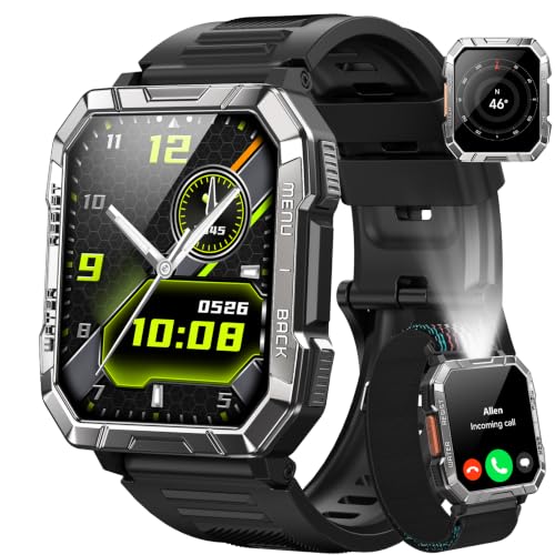 Blackview Men's Military Smart Watch, SOS LED Torch & Compass, 100J Battery Life 960mAh, Bluetooth Calling, Pedometer, 24h Health Tracking, 120+ Sports Modes, IP68, Shockproof, iOS & Android