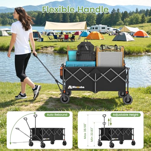 Blomoba Collapsible Wagon Cart, 330LBS Heavy Duty Folding Cart with Wheels 360° Rotation, Built-in Brakes, Flexible Handle, Portable Utility Wagon for Grocery Sports Garden Shopping Camping