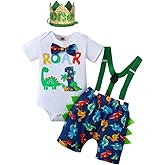 Laqualle Baby Boys 1st Birthday dinosaur Outfit Infant Boy First Birthday Cake Smash Clothes Suspenders Pants Set