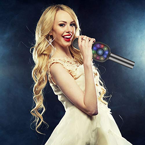 Bluetooth Karaoke microphone, Portable Karaoke Player Speaker For Apple Android Smartphone Or PC, with Flash LED Color-Light Home KTV Outdoor Party Music Playing Singing Anytime(Grey-black)