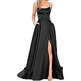 BERTHYFAI Women's Elegant Long Prom Dresses with Pockets Satin Halter Spaghetti Strap Wedding Dress Gowns