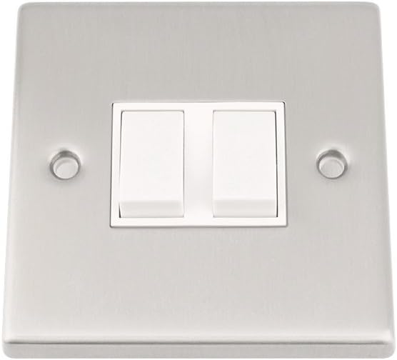 Light Switch 2 Gang - Satin Matt Chrome - Square - White Insert Plastic Switch - 10 Amp Double 2 Gang 2 Way