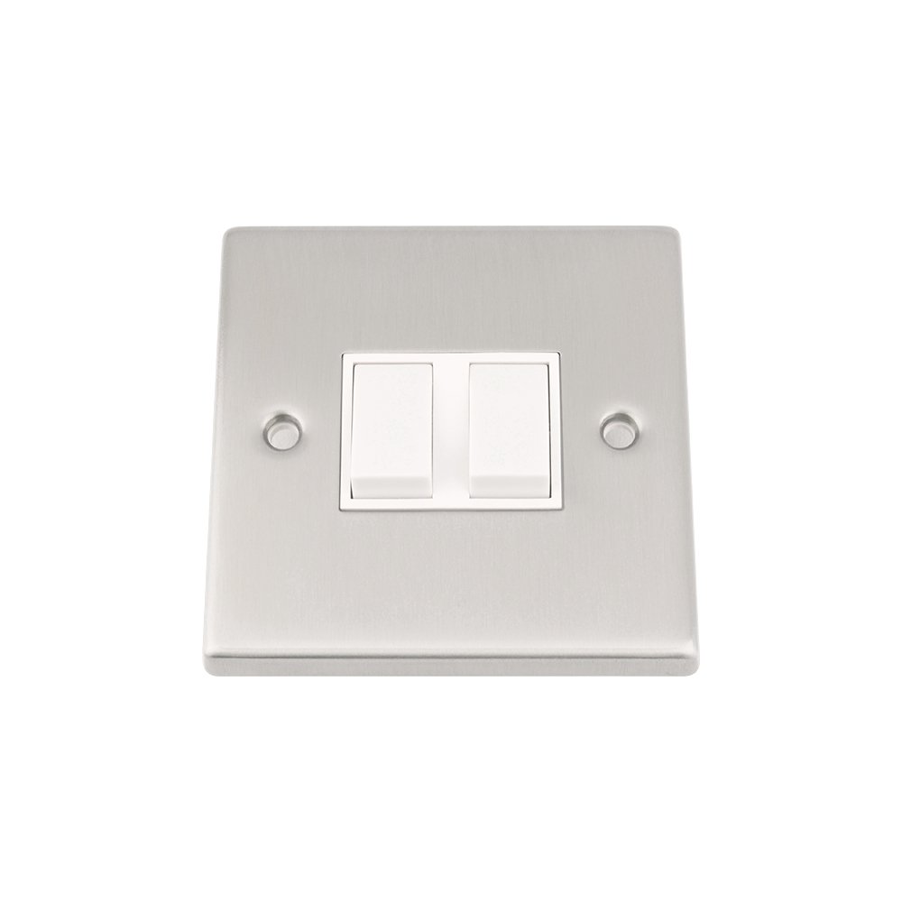 Light Switch 2 Gang - Satin Matt Chrome - Square - White Insert Plastic Switch - 10 Amp Double 2 Gang 2 Way