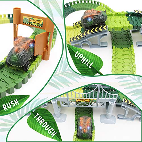 Bdwing Dinosaur Race Car Track Toys, Flexible Assembly Car Tracks Train Set for Boys Girls Toddlers and Kids (Extra 1 Set Traffic Signs) Best Gift for 2 3 4 5 Years Old