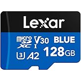 Lexar 128GB Blue Micro SD Card Up to 160MB/s, microSDXC UHS-I Memory Card with SD Adapter, C10, U3, A2, V30, Full HD, 4K UHD,