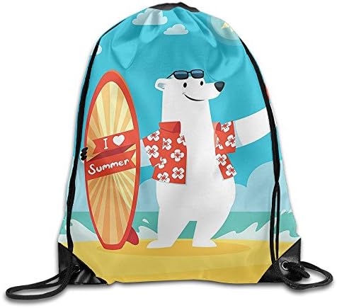FYW Sea Animals Polar Bear With I Love Summer Surfboard Taking Selfie At The Beach Comic Fun Art Aqua Yellow Drawstring Bags Hiking Backpack Sport Bag For Men &amp; Women