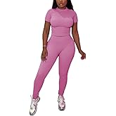 HBQ Women Two Piece Outfits Workout Sets Ribbed Casual Jogging Suits Short Sleeve Tracksuits