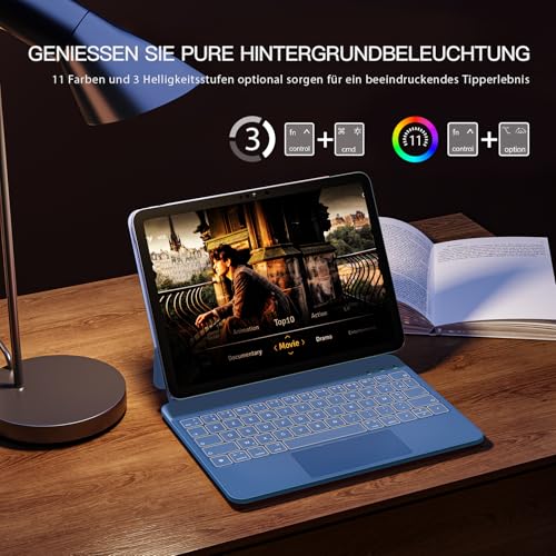 RAYMCRAFT for iPad (A16) 11th 2025/10th Generation Case with Keyboard, Magic Keyboard for iPad 10.9 Inch 2022, 11-Colour Backlight, Multi-Touch Trackpad, Magnetic Stand, Pen Holder, Steel Blue