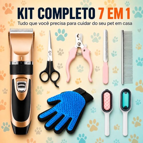 Kit Tosa Pet Profissional Completo 7 em 1 Máquina Luva Removedora Escova Tesoura Lixa Cortador Unhas Cães e Gatos
