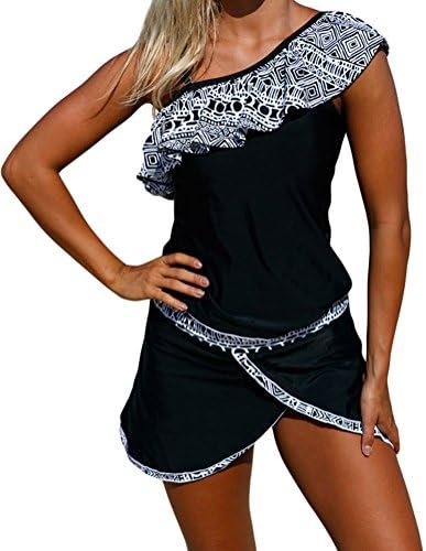 PEGGYNCO Women's Tribal Geometry Ruffle One Shoulder Tankini Swimsuit
