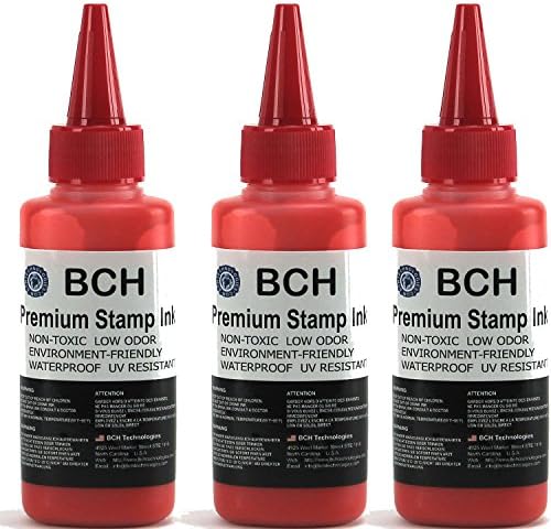 3X Red Stamp Ink Refill by BCH - Premium Grade -2.5 oz (75 ml) Ink Per Bottle (7.5 oz / 225 ml Total)