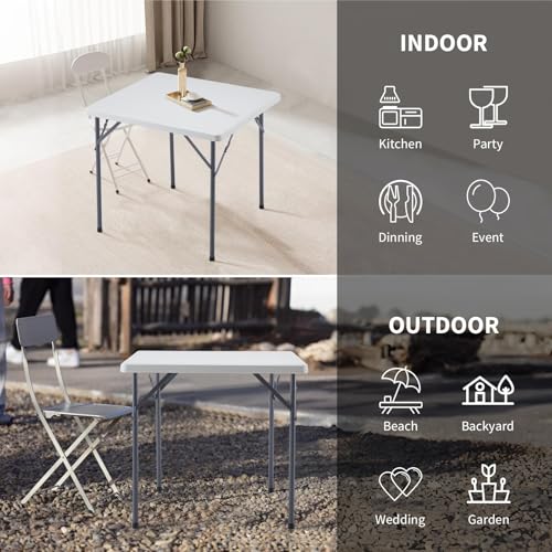 MOMENT Square Plastic Folding Table 88×88×75cm, Portable Foldable Lightweight Table HDPE Desktop with Steel Legs for Indoor Outdoor Camping Garden Picnic BBQ Party (White)