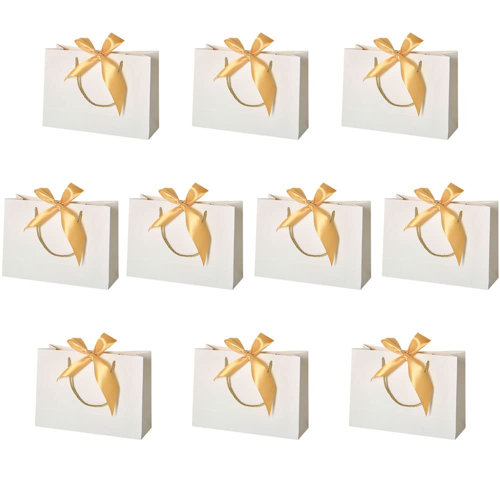 DZOZO 10pcs Paper Gift Bags Party Bags Sweet Bags Present Bags with Handles and Golden Bow Ribbon for Wedding Party(32cm x 11cm x 25cm)