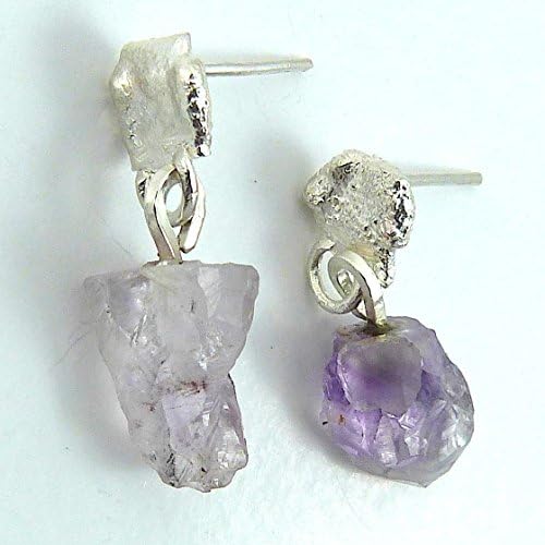 Sterling Silver Amethyst Raw Crystal Handmade Drop Earrings