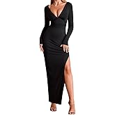 XinFSh Women's Deep V Neck Long Sleeve Bodycon Maxi Dress Sexy Backless Slit Tie Wedding Guest Cocktail Dresses