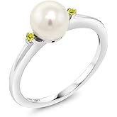 Gem Stone King 10K White Gold 7mm Cultured Freshwater Pearl Women Engagement Ring with Canary Diamond