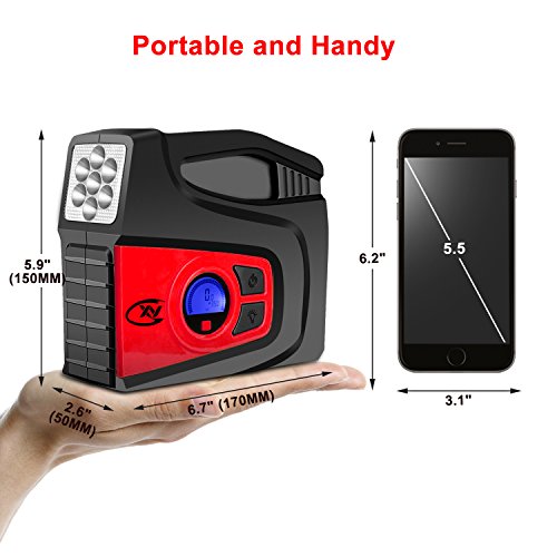 Cxy Portable Tire Inflator, 12V DC Digital Auto Air Compressor Pump with LED Lighting and 2 Interchangeable Nozzles for Car Vehicle, Motorcycle, Bicycle, Airbed and Balls (Black and Red)