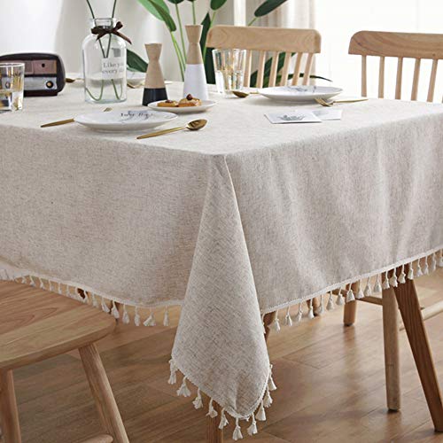 AMZALI Washable Cotton Linen Tablecloths Fabric Tassel Tablecloth Dust-Proof Table Cover for Kitchen Dinning Tabletop Home Decoration Everyday Use (Square, 55 x 55 Inch, Linen)