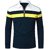 HOOD CREW Men’s Long Sleeve Polo Shirt Casual Slim Fit Shirts Contrast Color Patchwork T Shirts Cotton Tops