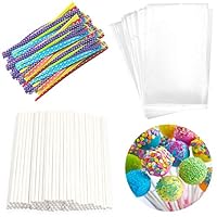 Lollipop Cake Pop Treat Bag Set Including 100pcs Parcel Bags, 100pcs Papery Treat Sticks, 100pcs Colorful Metallic Twist Ties for Making Lollipops, Cake Pops, Candies, Chocolates and Cookies