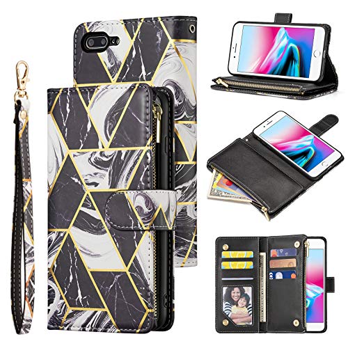 UEEBAI Wallet Case for iPhone 7 Plus iPhone 8 Plus, Premium PU Leather Magnetic Closure Geometric Marble Pattern Handbag Zipper Pocket Case Kickstand Card Slots Shockproof Flip Cover - Black#2