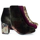 Velvet Oriental Floral Printed Block Heel Ankle Booties, Women's Shoe