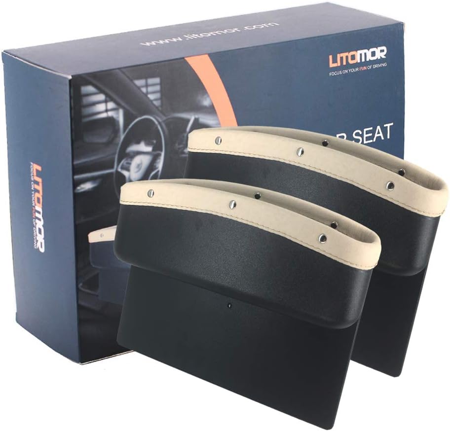 Litomor Car Seat Pockets PU Leather Car Console Side Organizer Seat Gap Filler Catch Caddy with Non -Slip Mat 9.2x6.5x2.1 inch Beige（2 Pack）