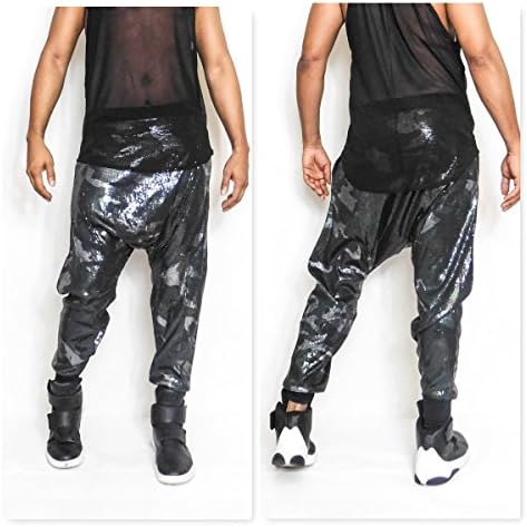 Hunter Green Mini Sequin in a Camoflouge Print Harem Jogger Drop Crotch Sequin Pant Balmain Concert Edm holiday shinny