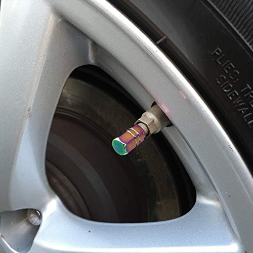 Neo Chrome Rainbow Tire Stem Valve Caps Cover (Set of 4pcs) Aluminum with Gasket Rubber Rings Universal fit for All cars and Bike (Hexagon Style)